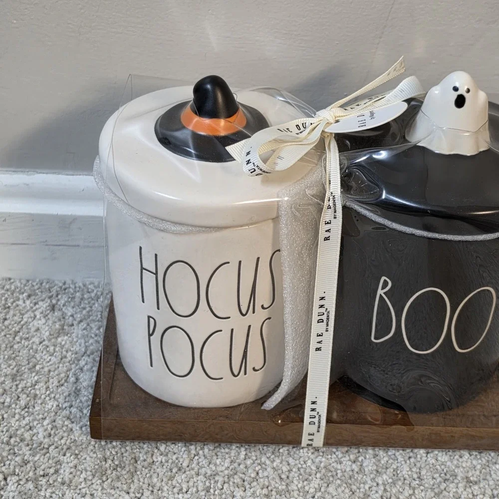 🎃 New Rae Dunn By Magenta Hocus Pocus and Boo Canister Set w/ Ghost & Witch Hat
